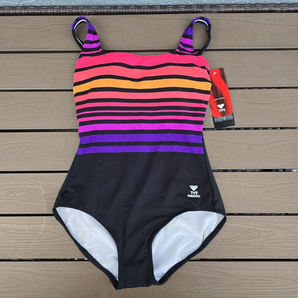 TYR Women's Ombre Straight Neck Controlfit Multi/Black1 Piece Swimsuit Sz 8 New